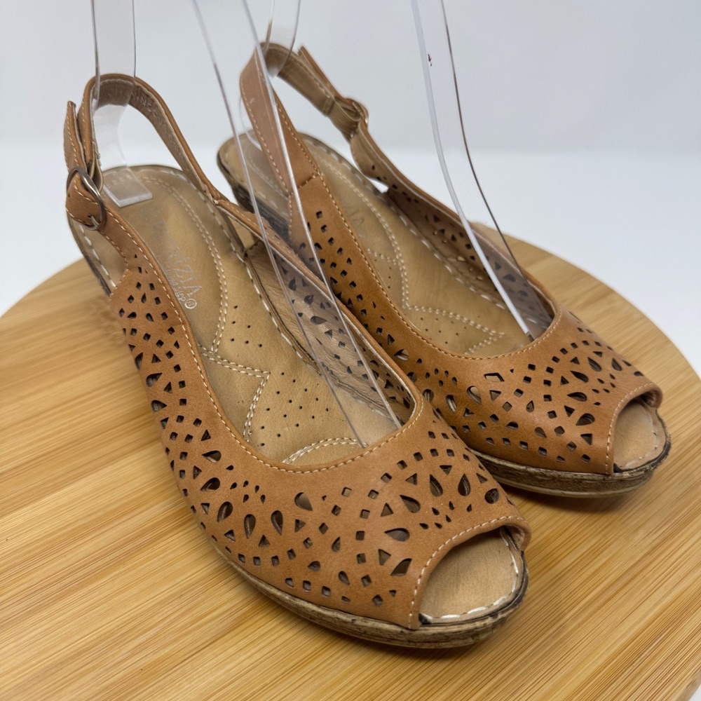 Patrizia Wedge Sandals Womens 39 Camel Laser Cut Slingback Peep Toe Boho Summer